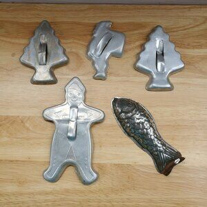 Vintage Aluminum Christmas Cookie Cutters Set Of 5 With Fish Mold MCM Holiday